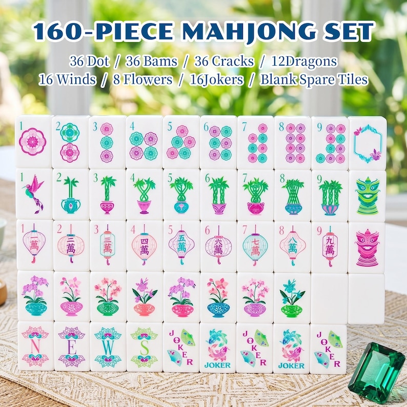 Custom Emerald Green American Mahjong Set, 160 Hand-Painted Floral Tiles image 1