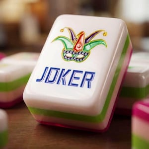 May include: A white rectangular mahjong tile featuring a colorful jester mask graphic in purple, green, and red, with the word JOKER embossed in blue capital letters. The tile has layered side panels in green and pink, with a smooth, glossy finish.