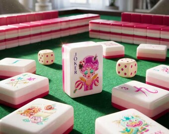 Custom Pink Gradient Mahjong Set, 160 Hand-Painted Candy Cartoon Tiles