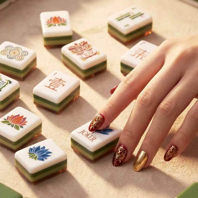 Custom Burl Wood Mint Green Mahjong Set, 4-Layer Acrylic Tiles, Hand-Painted Designs image 2