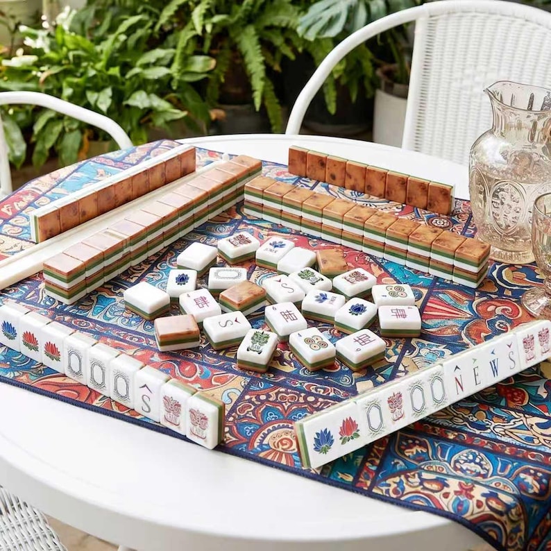 Custom Burl Wood Mint Green Mahjong Set, 4-Layer Acrylic Tiles, Hand-Painted Designs image 5
