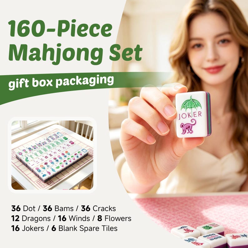 Może przedstawiać: 160-częściowy zestaw do gry w Mahjong w ozdobnym pudełku. Zestaw zawiera 36 kropkowych, 36 bambusowych, 36 znakowych, 12 smok&oacute;w, 16 wiatr&oacute;w, 8 kwiat&oacute;w, 16 joker&oacute;w i 6 pustych płytek. Jedna płytka przedstawia zielony parasol i fioletową małpę z napisem JOKER.