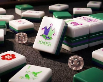 Custom Dark Green Purple Mahjong Set, 160 Hand-Painted Floral Animal Tiles