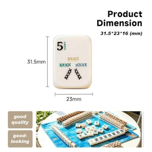 May include: A white mahjong tile featuring the number 5 and character markings in black, green, and blue. The tile measures 31.5mm by 23mm by 16mm. Below, a blue patterned mat displays multiple mahjong tiles arranged in rows and groups.