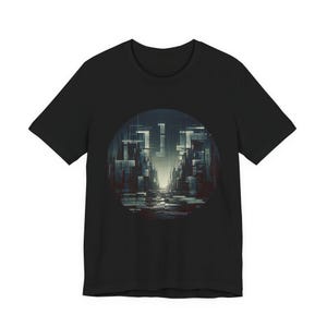 Futuristic City T Shirt, Abstract Cyberpunk Skyline Shirt, Black Sci Fi Gamer Gift, Tech Nerd Graphic Shirt
