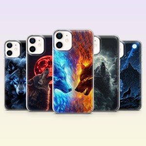 May include: Five smartphone cases arranged in a row, each featuring a different artistic wolf illustration. The designs include wolves with glowing eyes, howling at a red moon, a split blue and orange fire theme, and silhouettes under a full moon.