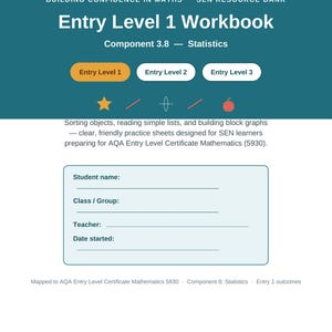 May include: A teal educational workbook titled Entry Level 1 Workbook, Component 3.8 Statistics, Building Confidence in Maths SEN Resource Bank. It features buttons for Entry Levels 1, 2, and 3, icons, and a student information section for name, class, teacher, and date.