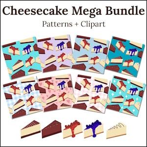 Könnte beinhalten: Ein digitales Grafikset mit dem Titel Cheesecake Mega Bundle Patterns + Clipart, bestehend aus acht quadratischen Kacheln mit wiederkehrenden Käsekuchen-Mustern in verschiedenen Farben und fünf einzelnen Illustrationen von Käsekuchenstücken.