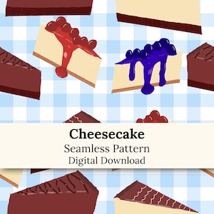 Könnte beinhalten: Ein nahtloses Muster mit Käsekuchenstücken mit roten Beeren, Blaubeeren und Schokoladenglasur auf einem hellblau-weiß karierten Hintergrund. Der Text lautet Cheesecake Seamless Pattern Digital Download.