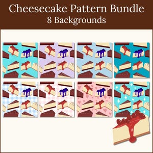 Könnte beinhalten: Ein digitales Set aus acht Käsekuchen-Mustern mit Tortenstücken mit roten und blauen Beeren-Toppings auf verschiedenen Hintergründen wie Unifarben, Vichy-Karo, Herzen und Sternen, mit dem Text Cheesecake Pattern Bundle 8 Backgrounds.