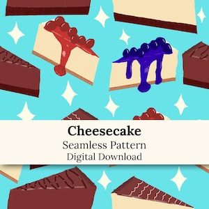 Könnte beinhalten: Ein nahtloses Muster mit Illustrationen verschiedener Käsekuchenstücke auf hellblauem Hintergrund mit weißen Sternen. Der Text Cheesecake Seamless Pattern Digital Download ist über dem sich wiederholenden Dessert-Design zentriert.