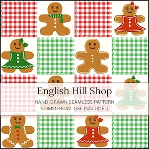 May include: A seamless pattern featuring brown gingerbread figures on a grid of red and white or green and white gingham squares. Some figures wear red or green dresses and bows. Text reads: English Hill Shop HAND-DRAWN SEAMLESS PATTERN.