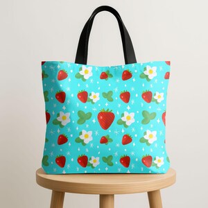 Strawberry Tote Bag | Hand-Drawn Fruit Pattern Reusable Market Tote