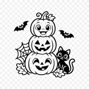 Gestapelde pompoenen en kat SVG PNG snijbestand, Halloween pompoentrio met spinnenweb en vleermuizen (digitale download)