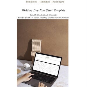 May include: A digital Wedding Day Run Sheet template for Google Sheets by The Wedding Admin Co. The document features a structured table layout for organizing wedding timelines and run sheets, displayed on an open laptop screen.