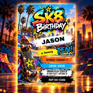 Op de afbeelding: Een verjaardagsuitnodigingsflyer met een skateboard dat tegen een muur vol graffiti leunt. De tekst luidt SK8 BIRTHDAY, JASON is turning TEN!, SATURDAY, FEBRUARY 17, 3:00 PM - 6:00 PM, URBAN PLAY CENTER 45 PARK STREET ANYTOWN, NY, RSVP: 555-123456.