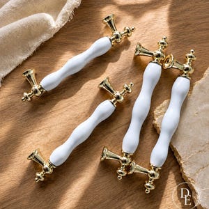 White Ceramic Drawer Pulls, Gold Silver Cabinet Knobs, French Cottage Dresser Handles, Elegant Kitchen Hardware