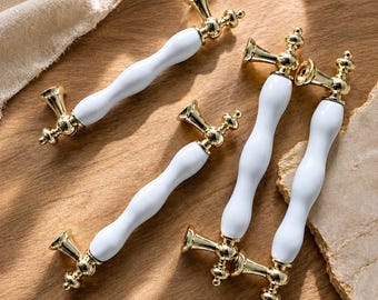 White Ceramic Drawer Pulls, Gold Silver Cabinet Knobs, French Cottage Dresser Handles, Elegant Kitchen Hardware