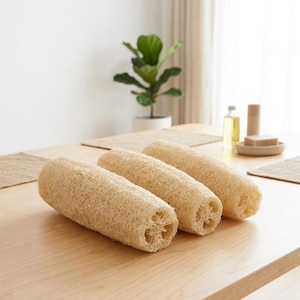 Op de afbeelding: Drie cilindervormige loofah-sponzen met een natuurlijke beige, vezelige en poreuze textuur. Elke spons heeft een hol midden en een duidelijke, geweven structuur op plantaardige basis, gerangschikt in een rij op een glad, lichtgekleurd houten oppervlak.