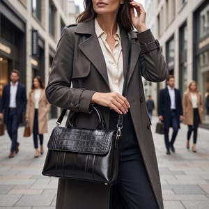 May include: A black leather handbag featuring a structured rectangular shape, a top handle, and a detachable shoulder strap. The flap closure displays a textured crocodile-embossed pattern, while the lower body has a smooth, polished finish.