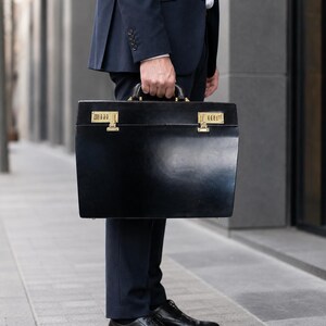 Genuine Leather Executive Briefcase, Black Attache Case, Dual Combination Lock, Business Document Bag, Lawyer Office Bag