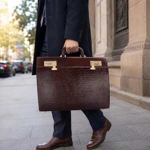 Genuine Leather Executive Briefcase, Black Attache Case, Dual Combination Lock, Business Document Bag, Lawyer Office Bag