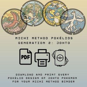May include: Four circular illustrations featuring Ho-Oh, Celebi, Ampharos, and Lugia with Japanese text. Below, the text reads MICHI METHOD POKÉLIDS GENERATION 2: JOHTO, followed by icons for PDF, printer, and cards, and the text DOWNLOAD AND PRINT EVERY POKÉLID DESIGN OF JOHTO POKEMON FOR YOUR MICHI METHOD BINDER.