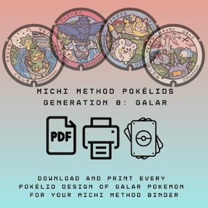 Könnte beinhalten: Vier kreisförmige Illustrationen mit Pokemon-Charakteren aus der Galar-Region, beschriftet als Michi Method Pokelids Generation 8: Galar. Darunter befinden sich Symbole für PDF, Drucker und Karten sowie Anweisungen zum Herunterladen und Ausdrucken.
