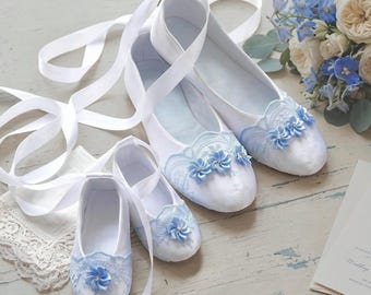 White satin wedding ballet flats set for mother & daughter, something blue shoes