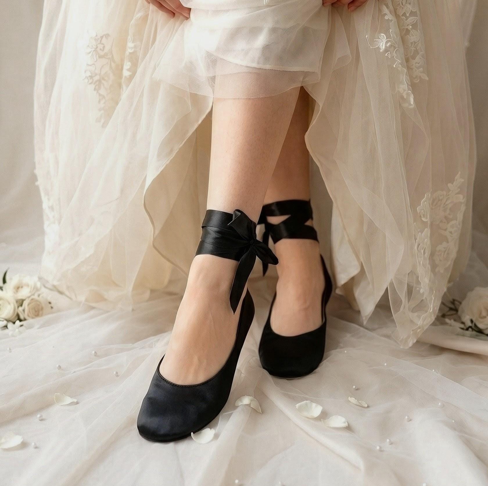 black flat dress shoes for wedding Satin Ballet Flats with Ribbons or an elegant evening Maika Dance America D2451 - Size:13Y/14Y
