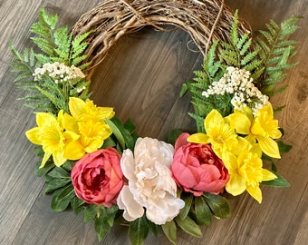 Daffodil and Peony Wreath, Spring Wreath, Summer Wreath, Front Door Decor, Mother’s Day