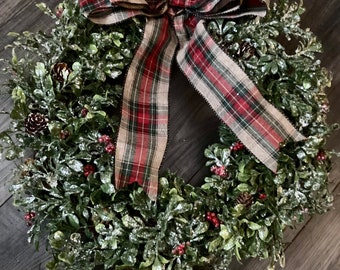 Glitter Boxwood and Berry Wreath with a Red and Green Plaid Bow, Christmas wreath, Winter Wreath