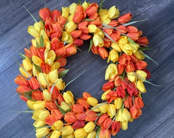 Orange and Yellow Tulip Wreath, Front Door Decor, Spring Wreath