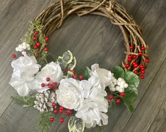 White Roses and Hydrangea Wreath with Red Berries, Christmas Wreath, Winter Wreath, Front Door Decor