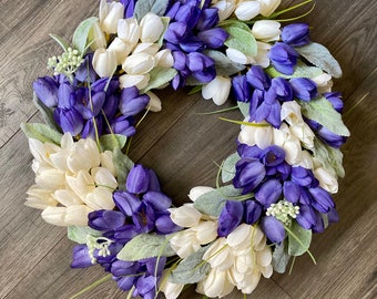 Lamb’s Ear, Purple and Cream Tulip Wreath, Spring Wreath, Summer Wreath, Mother’s Day, Front Door Decor