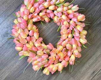 Pink and Yellow Tulip Wreath, Spring Wreath, Front Door Decor