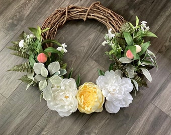 White and Yellow Peony Wreath with Peaches, Summer Wreath, Front Door Decor, Mother’s Day