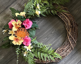 Summer Floral Wreath with Yellow Hibscus and Pink Roses, Spring Wreath, Summer Wreath, Front Door Decor