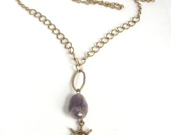 Long Brass Nautical Ship's Wheel Necklace with Purple Amethyst