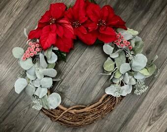 Red Poinsettia and Eucalyptus Wreath, Christmas Wreath, Winter Wreath, Front Door Decor