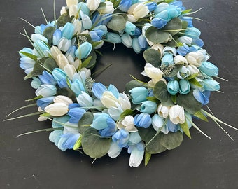 Blue and Cream Tulip Wreath with Eucalyptus, Spring Wreath, Summer Wreath, Mother’s Day, Front Door Decor