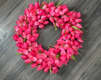 Hot Pink Tulip Wreath, Spring Wreath, Mother’s Day, Front Door Decor