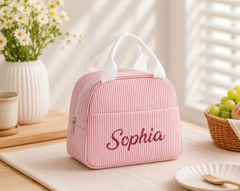 Personalized Embroidery Lunch Bag, Thermal Insulated Lunchbox Bag, Custom Name Striped Lunch Tote, Reusable Picnic Bag, School Lunch Bag