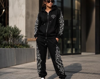 Unisex-Trainingsanzug | Strassdesign | Kristallflügel | Diamant-Hoodie-Set | Luxuriöses Streetwear-Outfit