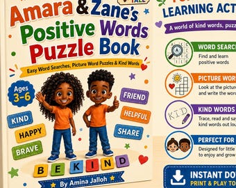 Positive Words Puzzle Book for Kids Ages 3–6 | Word Searches, Picture Word Puzzles & Kindness Activities | Printable PDF