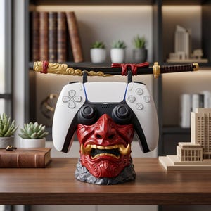 Warrior throne game controller holder featuring a devil face design with sword details. Decorative gaming accessory stand designed to securely display and organize PS5, PS4, Xbox, and Switch controllers. Unique gaming desk organizer and collectible display piece for game rooms, offices, and entertainment setups.