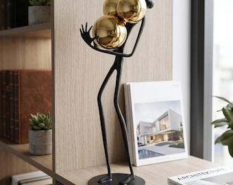 Art abstrait - Statues d'hommes allumettes noires avec boule dorée - Décoration de bureau minimaliste