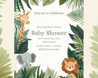 Safari Baby Shower Invitation Template, Editable Jungle Animals Printable Gender Neutral Baby Shower Invite, Instant Download, Canva