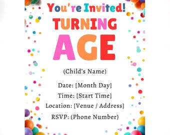 Editable Kids Birthday Invitation Template, Printable Colorful Confetti Balloon Birthday Party Invite, Any Age, Instant Download, Canva