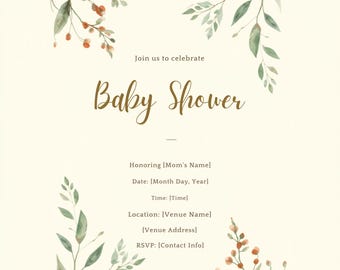 Floral Baby Shower Invitation Template, Editable Blush Pink Watercolor Printable Girl Baby Shower Invite, Instant Download, Canva